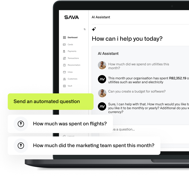 SAVA AI Assistant interface showing intelligent expense analysis